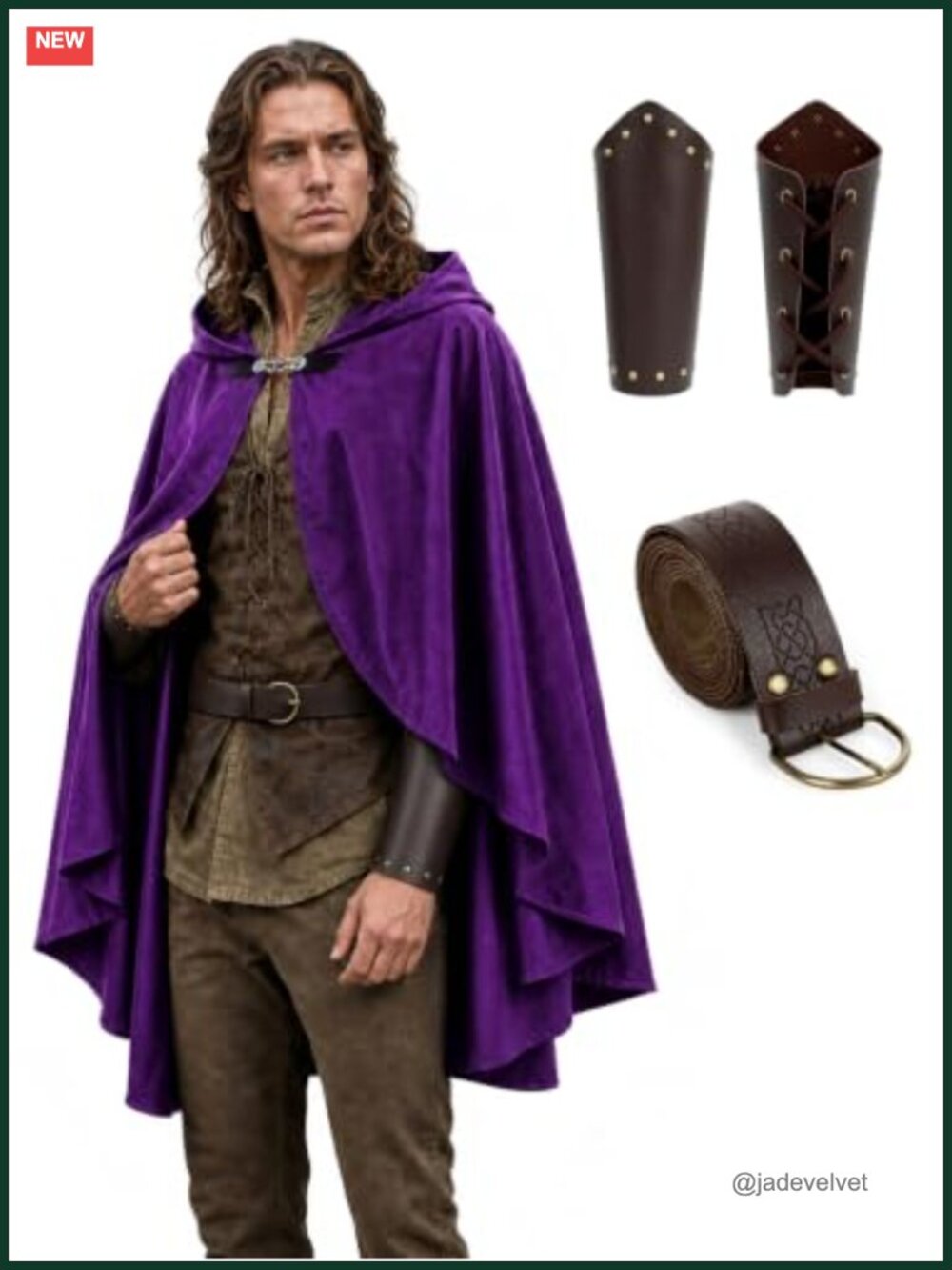 Medieval Hooded Cloak Set with Belt and Bracers Costume for Ren Faire LARP